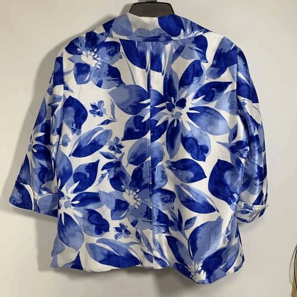 TanJay Womens Floral 3/4 Sleeve Open Front Cropped Jacket Blue White - Picture 9 of 10